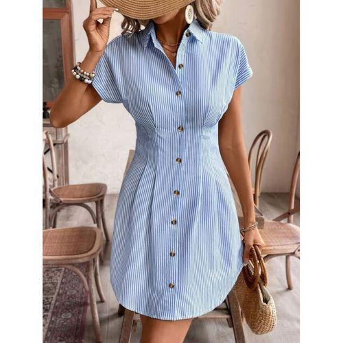 Kadın Kısa Kollu Yakalı önden Düğmeli Kısa Trikoton Elbise