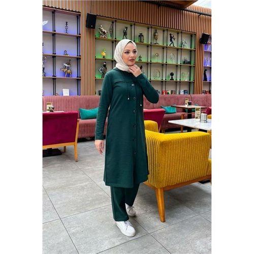 Kapşonlu Düğmeli Sade Basic Uzun Tunik ve Pantolon İkili Spor Takım - 03072.021 - Nefti