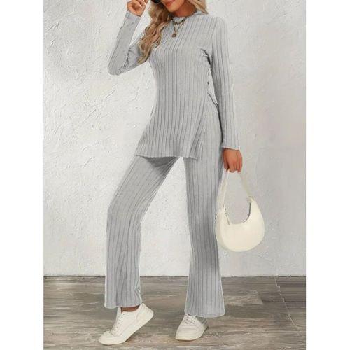 Kadın Uzun Kollu Bisiklet Yaka Yandan Yırtmaçlı şardonlu Kaşkorse Bluz Ve Pantolon Ikili Takım