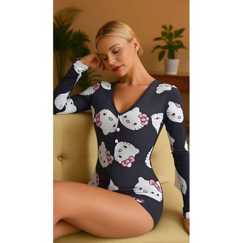 Kitty Dream Pamuklu Siyah Kedicik Desenli Düğmeli Uzun Kol Tulum Pijama