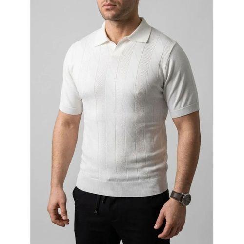 Erkek Yazlık Triko Dokuma Tişört Kısa Kol Polo Yaka T-Shirt - Beyaz