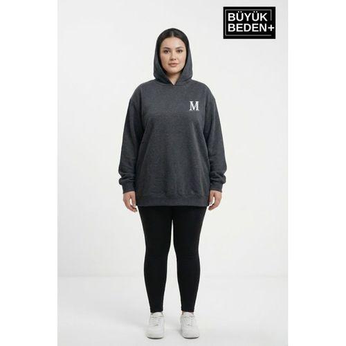 Kadın Büyük Beden Kapşonlu M Baskılı ince Swatshırt SPR26BSWK957-13