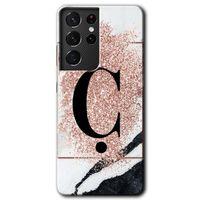 Galaxy S21 Ultra Kılıf HD Desen Baskılı Arka Kapak - Pembe Mermer Desenli Ç Harfi