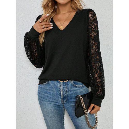 Kadın Uzun Kollu V Yakalı Dantelli Viskon Iki Iplik Bluz