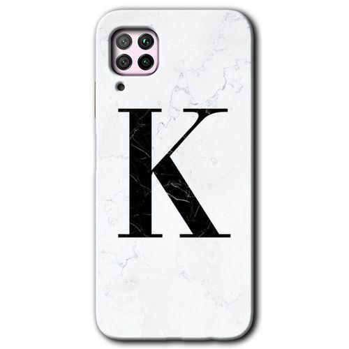 Potkal Hediye Fabrikası Huawei P40 Lite HD Baskılı Kılıf + 9D Tam Ekran Koruyucu - Beyaz Mermer Desenli K Harfi