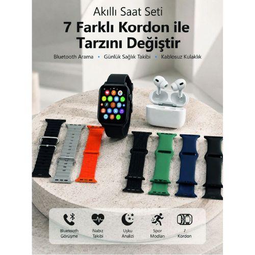 Bluetooth Görüşme Destekli Akıllı Saat Seti Kablosuz Kulaklık, 7 Kordon Ve Çoklu Spor Modu