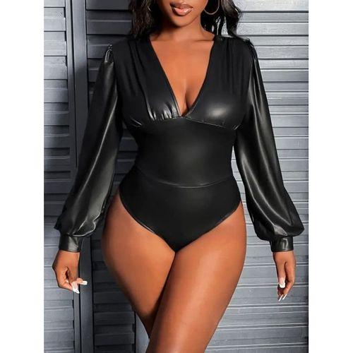 Kadın Uzun Kollu Derin V Yakalı Deri Zıbın