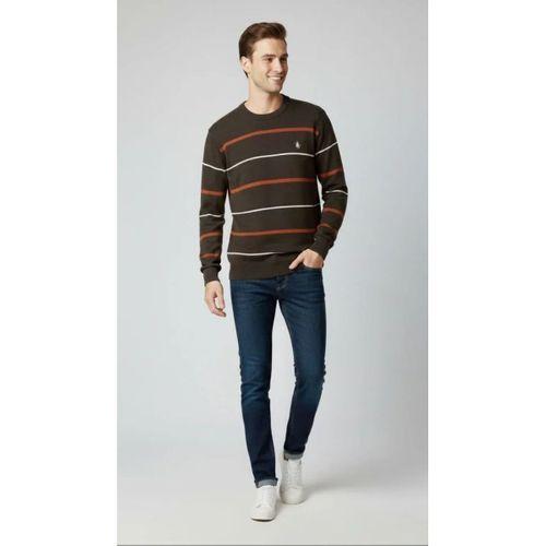 Erkek Bisiklet Yaka Cizgili Triko Kazak Yumuşak Dokulu Pamuklu Ince Dokuma, Uzun Kollu Rahat Regular Kalıp - Koyu Kahverengi