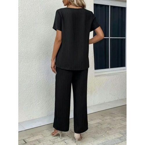 Kadın Kısa Kollu Bisiklet Yaka Asimetrik Kesim Detaylı Bürümcük Bluz Ve Pantolon Ikili Takım