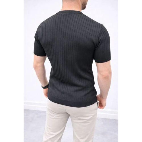Erkek Kısa Kol Fitilli Triko T-Shirt Yazlık Hakim Yaka Tişört - Siyah