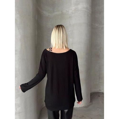 Kadın Kadife Kumaş Leopar Desenli Omuz Detay Uzun Kollu Bluz