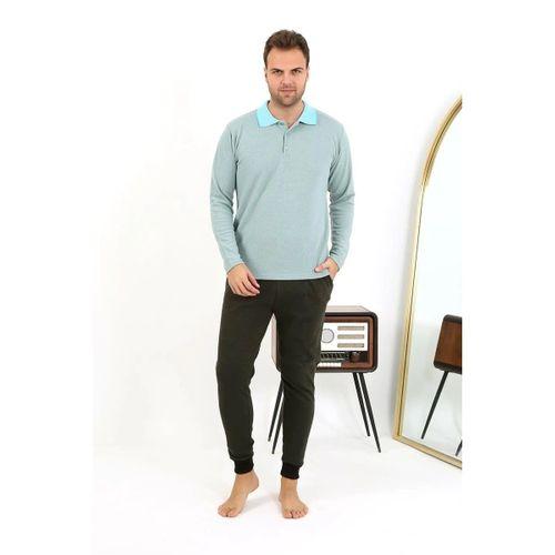 Erkek Polo Yaka Uzun Kol Penye Pijama Takımı Su Yeşili
