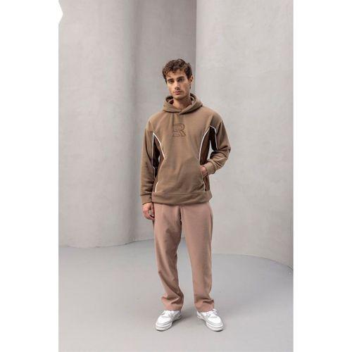 Frank Parçalı Kontrast Desenli Kapüşonlu Oversize Cepli Polar Erkek Sweatshirt - Bej