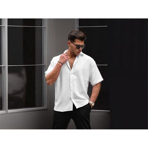 Oversize Rahat Fitilli Kısa Kol Erkek Gömlek - Beyaz