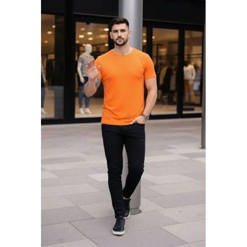Erkek T-Shirt Bisiklet Yaka Slim Fit Dar Kesim Likralı Tişört Günlük Basic Body - Turuncu