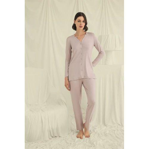 Uzun Kollu Düğmeli V Yaka Pijama Takımı
