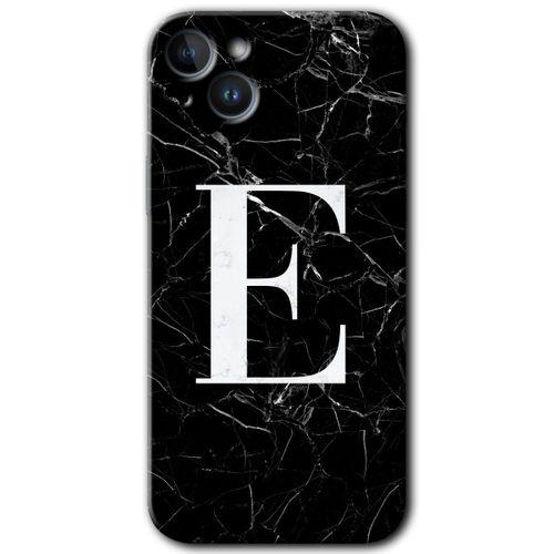 Potkal Hediye Fabrikası iPhone 14 HD Baskılı Kılıf + 9D Tam Ekran Koruyucu - Siyah Mermer Desenli E Harfi