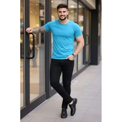 Erkek 2li Bisiklet Yaka Tişört – Kısa Kollu Yazlık Slim Fit Body - Siyah - Açık Mavi