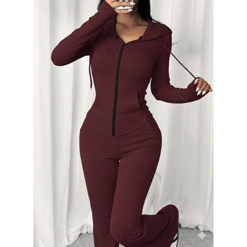 Kadın Uzun Kollu Kapşonlu Bağcıklı önü Fermuarlı Viskon Iki Iplik Bluz Ve Pantolon Ikili Takım