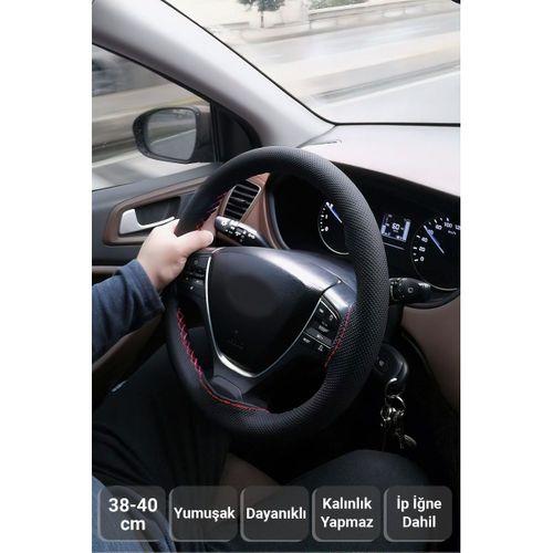 Noktalı Siyah Deri Kırmızı Dikiş Direksiyon Kılıfı