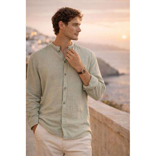 Hafif ve Nefes Alabilir Erkek Müslin Yarım Pat Hakim Yaka Oversize Gömlek - Açık Haki