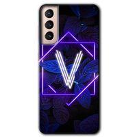 Potkal Hediye Fabrikası Samsung Galaxy S21 Plus HD Baskılı Kılıf + 9D Tam Ekran Koruyucu - Dark Neon Yaprak V Harfi