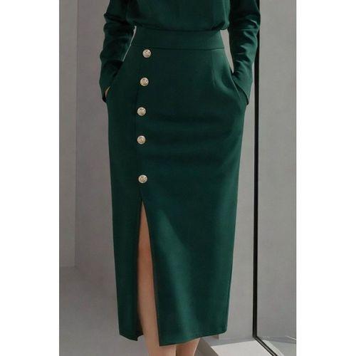 Kadın Uzun Kollu Bisiklet Yakalı Yandan Yırtmaçlı Düğmeli Midi Ithal Krep Elbise