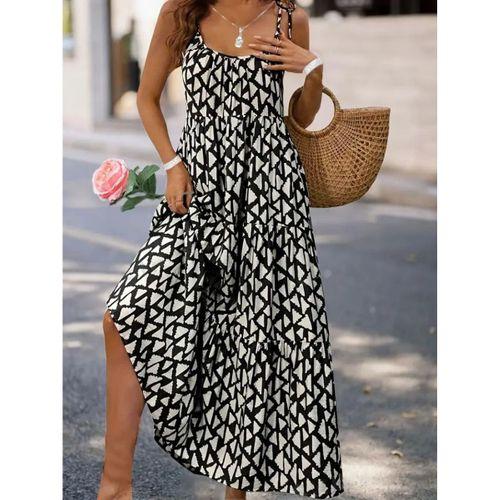 Kadın Askılı Yuvarlak Yaka Fırfırlı Desenli Uzun Bürümcük Elbise