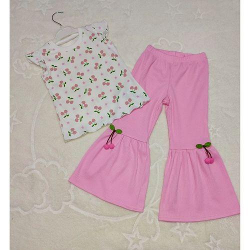 1-2-3-4 Yaş Kiraz Baskılı Tişört İspanyol Paçalı Likralı 2li Kız Çocuk Takımı Pembe