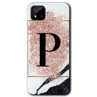 MRCİLETİSİM Realme C11 Kılıf HD Desen Baskılı Arka Kapak + Temperli Cam - Pembe Mermer Desenli P Harfi
