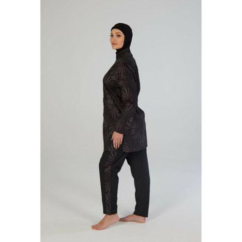 Estiva 26964 Siyah Tropical Tam Kapalı Taş Baskılı Pantolonlu Fermuarlı Tesettür Mayo