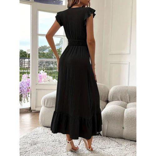 Kadın Kısa Kollu Kruvaze Yakalı Beli Lastikli Müslim Elbise