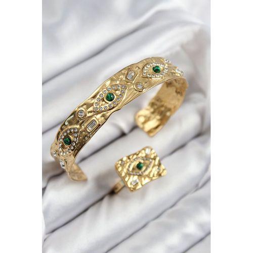 Pirinç Zirkon Taşlı Göz Model Gold Renk Bileklik Yüzük Set