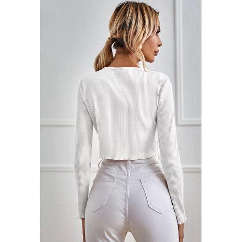 Kadın Beyaz Uzun Kollu Önden Bağlama Detaylı Crop Top Bluz