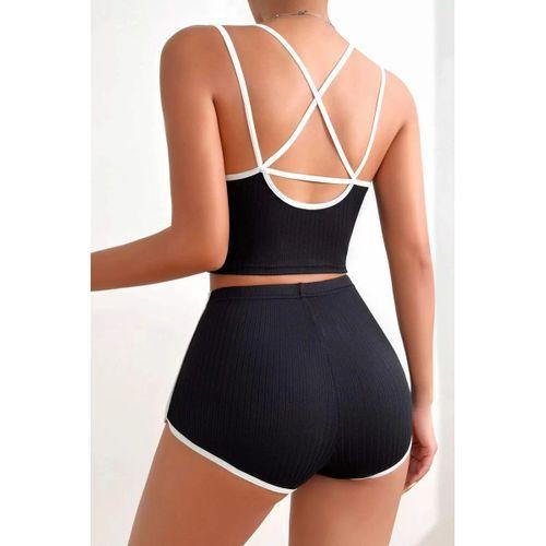 Kadın Siyah Beyaz Çapraz Lastik Detaylı Kaşkorse Şortlu Gecelik Takımı