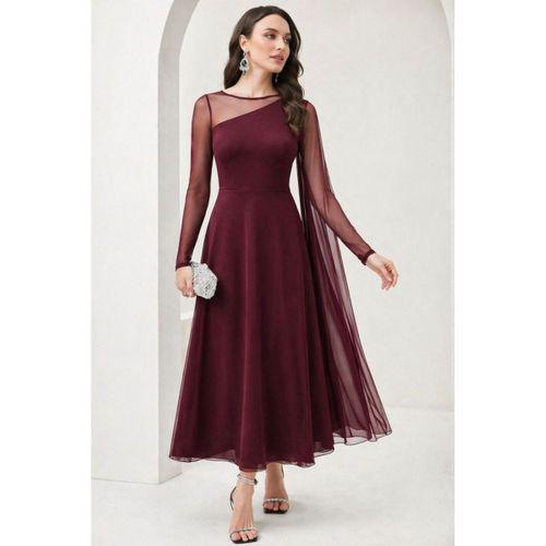 Kadın Uzun Kollu Yarı Balıkçı Yaka Tül Detaylı Uzun Sandy Elbise