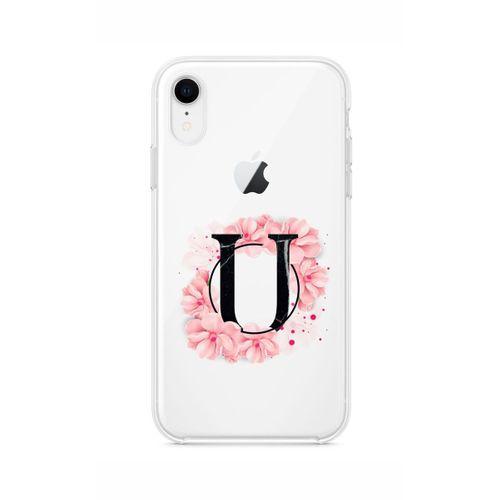 iPhone XR Pembe Çiçek Desen U Harfli Şeffaf Kılıf