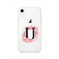 iPhone XR Pembe Çiçek Desen U Harfli Şeffaf Kılıf
