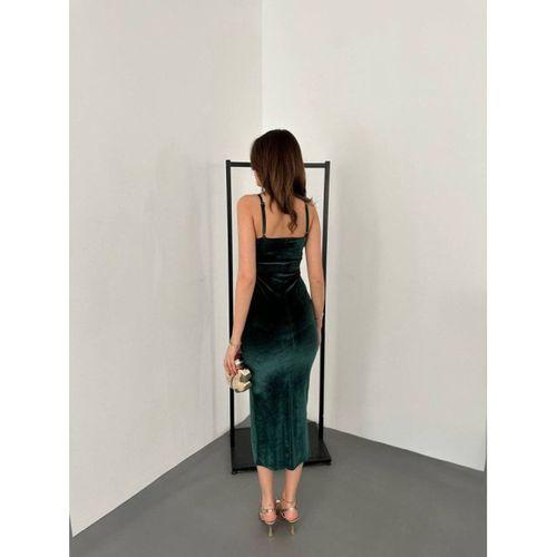 Kadınomuz Askılı Sırt Dekolteli Yırtmaç Detay Midi Boy Elbise Yırtmaç Detay Midi Boy Elbise