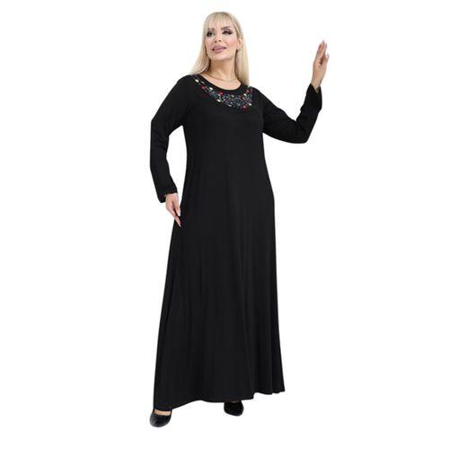 Melsay Butik Yakası Taş Detaylı Uzun Kollu Siyah Uzun Elbise