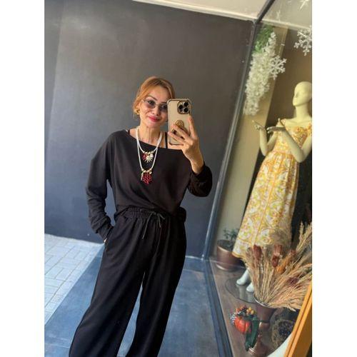 Kadın Uzun Kollu Tek Omuzdan Açık Viskon Iki Iplik Bluz Ve Pantolon Ikili Takım