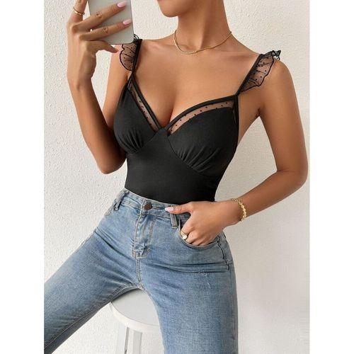 Kadın Askılar Tül Işlemeli Kalp Yaka Tül Detay Dalgıç Bluz