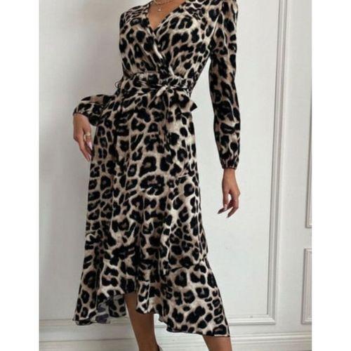 Kadın Uzun Kollu Kruvaze Yaka Yandan Bağlamalı önden Fırfır Detaylı Süprem Uzun Elbise