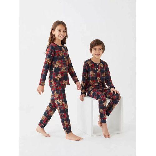 6/14 Yaş Ekose Ayıcık Baskılı Pamuk Penye Çocuk Pijama Takımı