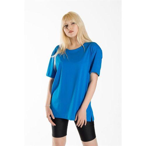 Kadın Mavi Basic Bisiklet Yaka Oversize Pamuklu T-shirt 22Y-3400761-K1