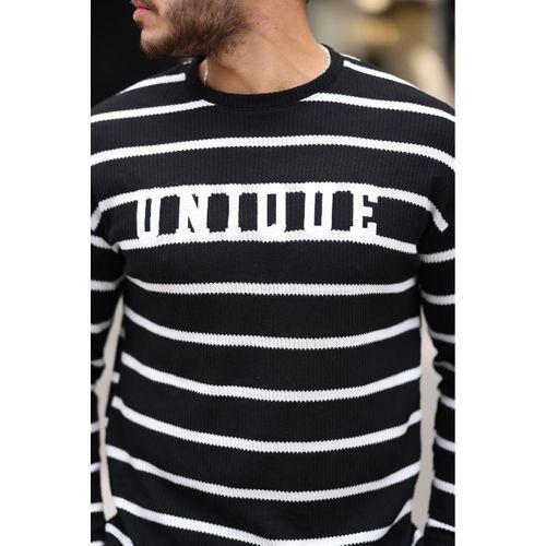 Unique Baskılı Çizgili Erkek Sweatshirt - Siyah
