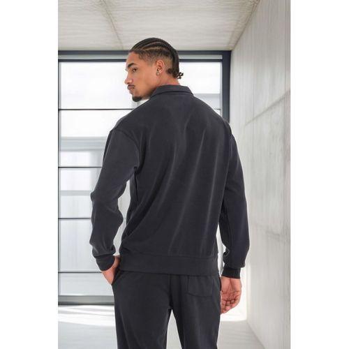 Scuba Modal Kumaş Relaxed Fit Yarım Fermuarlı Polo Yaka Erkek Sweatshirt - Siyah