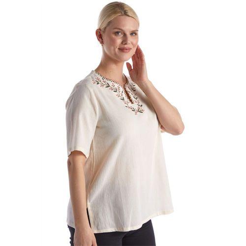 Şile Bezi Kısa Kol Krem Nakışlı V Yaka Yazlık Otantik Bluz