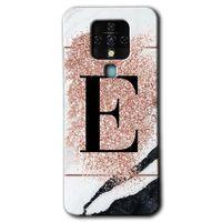 MRCİLETİSİM Tecno Camon 16 Kılıf HD Desen Baskılı Arka Kapak+Temperli Cam - Pembe Mermer Desenli E Harfi