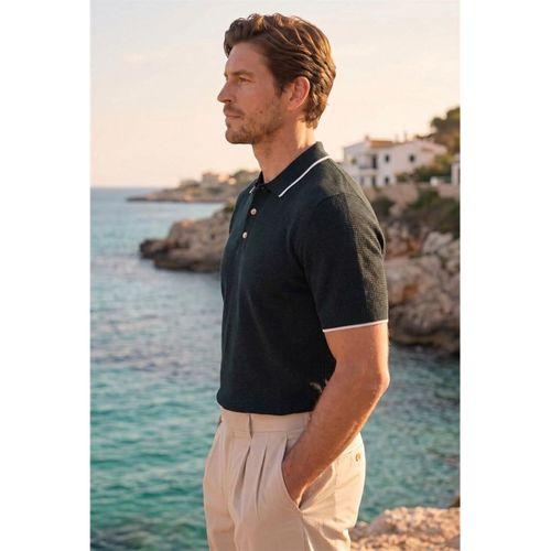 Balzac Yakası Şeritli Düğmeli Polo Yaka Basic Günlük Petek Örgü Triko Erkek T-Shirt - Siyah